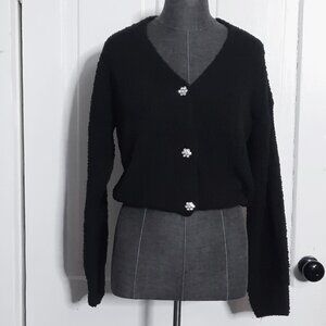 No Bo Black Plush Chenille Cropped Cardigan Rhinestone Flower Buttons Soft Goth